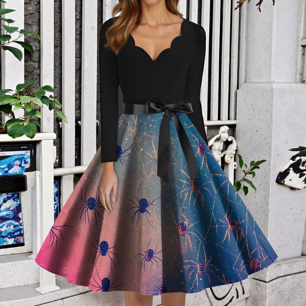 Dámské módní šaty s V-výstřihem, ležérního střihu, slim fit, s halloweenským potiskem, s dlouhým rukávem