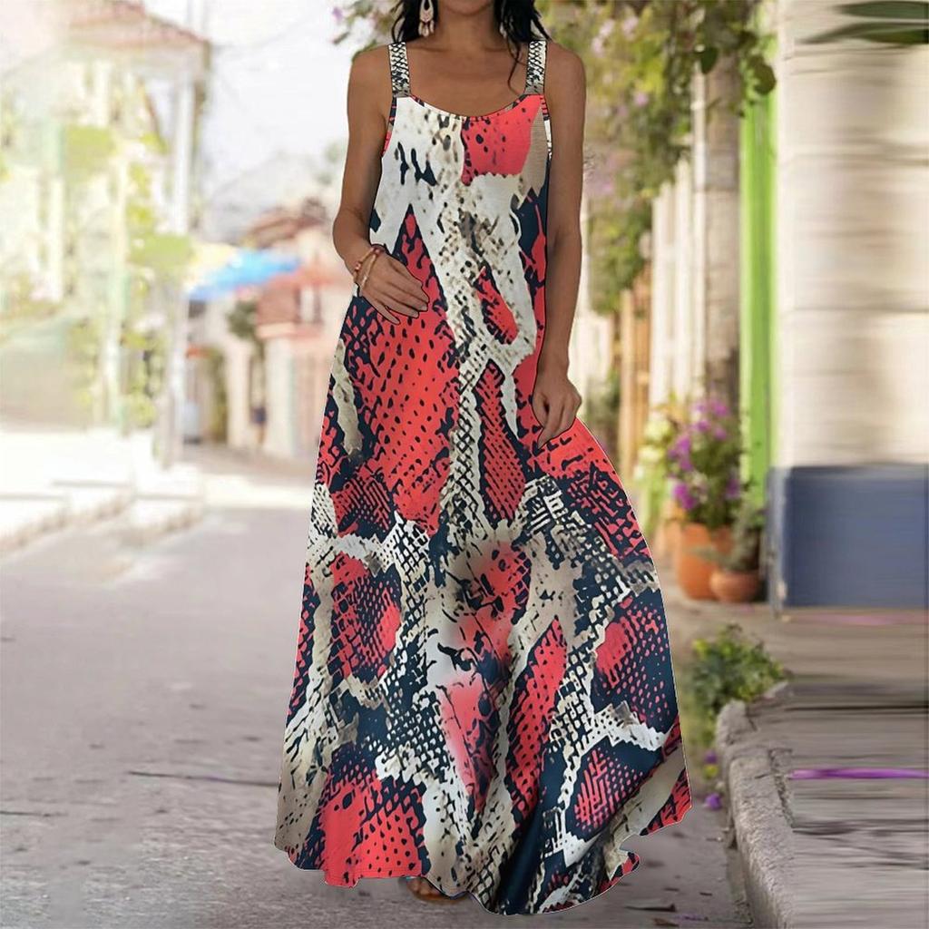Vestido de tirantes largo maxi para mujer Estampado de leopardo Vestido con estampado de costuras Primavera y Verano Ocio Vacaciones