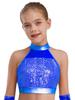 Kids Girls Jazz Dance Performance Outfit Sleeveless Keyhole Back Sparkly Sequins Crop Top with Asymmetric Metallic Skirt and Sequined Tassels Gloves
