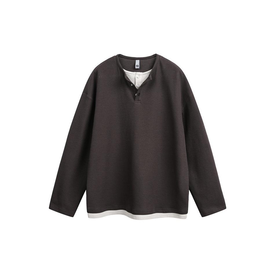 

ACE Retro Henley Collar College Style Teen Casual Pullover Hoodie - Men s Fake Two-Piece, HX1021 M коричневий