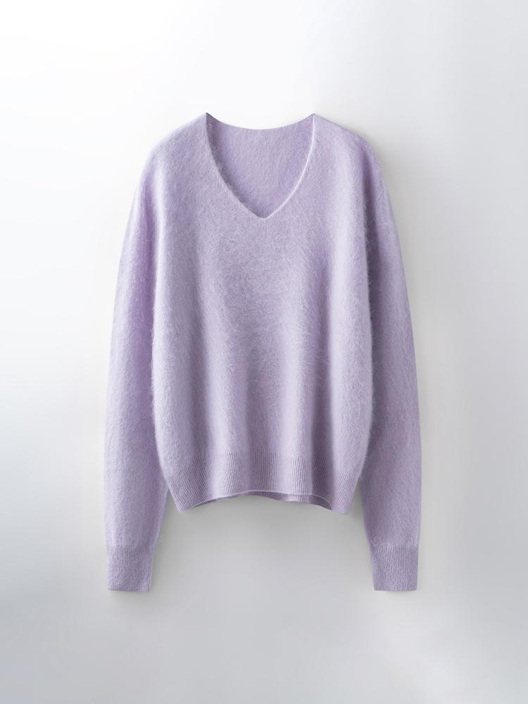 Women's Brushed Wool V-Neck Long-Sleeve Sweater: Autumn/Winter Loose Slimming Knitted Pullover Top