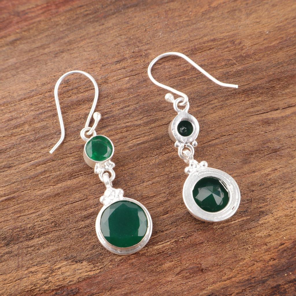 Green Onyx Gemstone 925 Sterling Silver Handmade Earrings For Mother's Day Gift EE-160-15