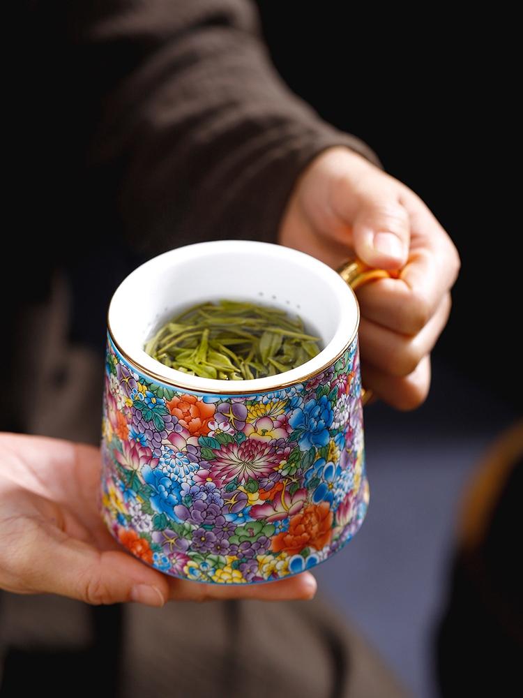 Jingdezhen Ceramic Cup Tea Water Separation Cup Household Tea Strainer Chinese Large Capacity Enamel Office Cup with Lid