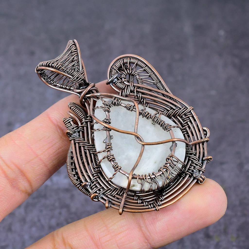 Natürlicher Regenbogen-Mondstein Kupferdraht-Wickel Lebensbaum Anhänger 2,68" z8s04