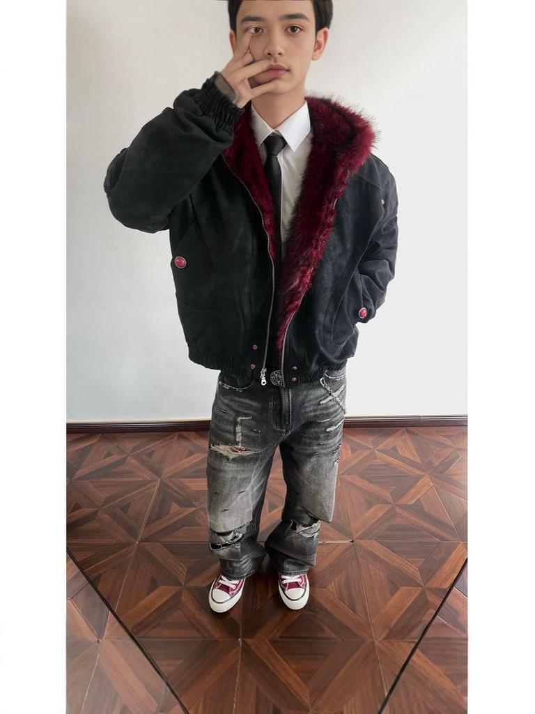 Men's Retro Red Fur Collar PU Leather Cotton Jacket - Heavyweight, Plus Velvet, Thickened, Warm