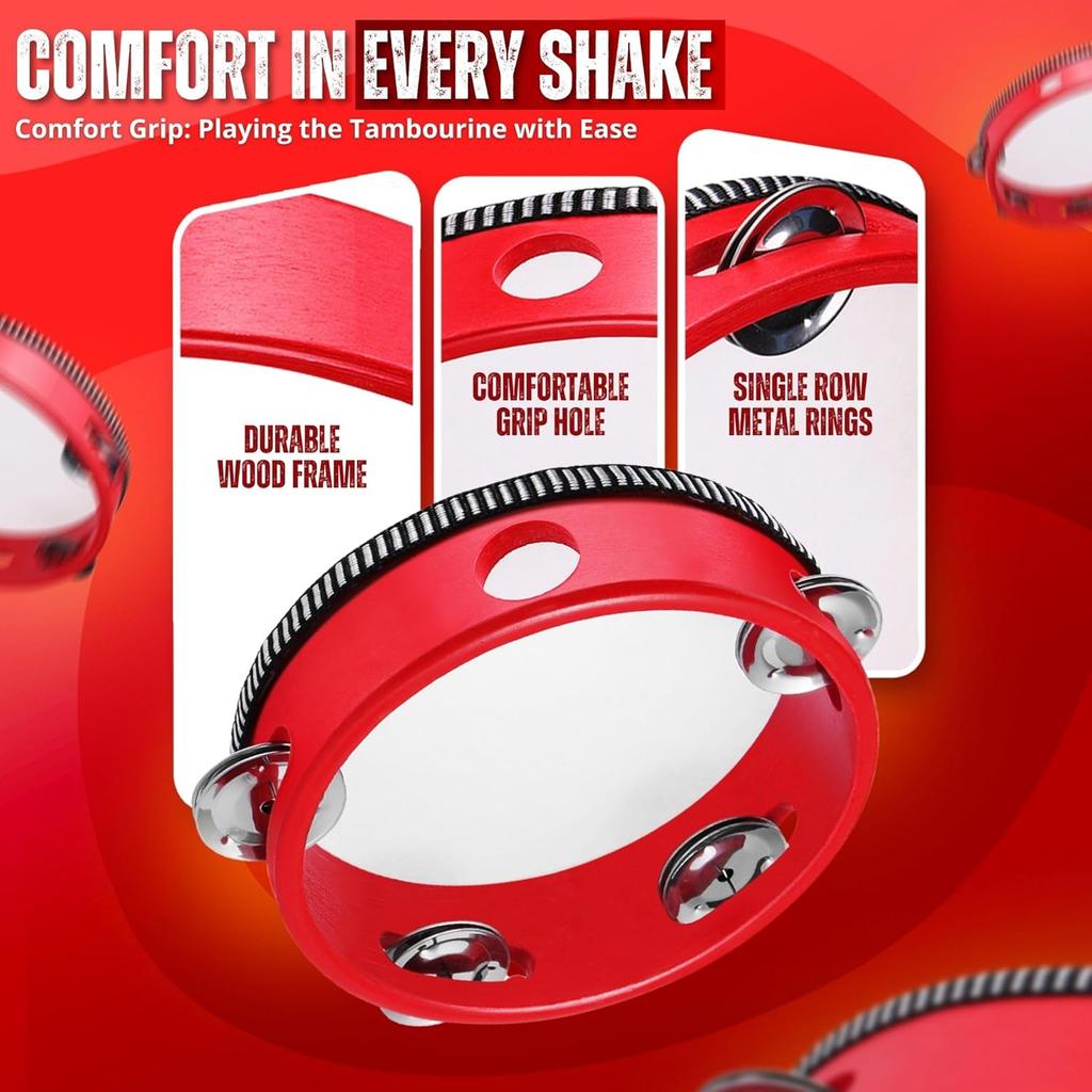 Wooden Round Tambourine 4/6/7/8/10 Inch Single Row Jingles Red Handheld Percussion Instrument for Beginner Tambourine Player