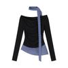 MR [Tmall Quality] Design Plaid Splicing Slim Long Sleeve T-Shirt Women's Niche Fake Two Off-Shoulder Top