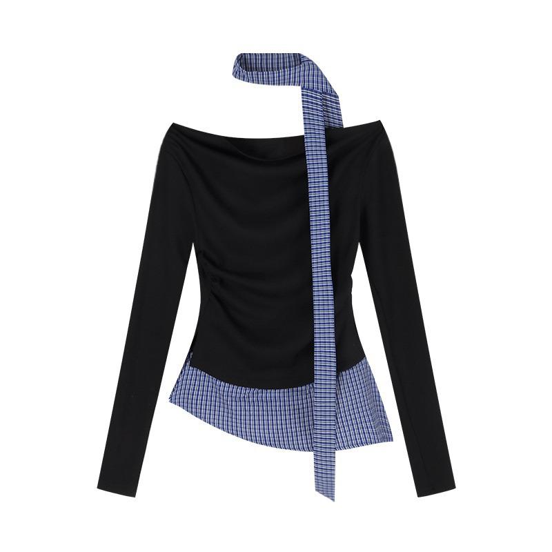 MR [Tmall Quality] Design Plaid Splicing Slim Long Sleeve T-Shirt Women's Niche Fake Two Off-Shoulder Top