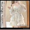 Toa Soa Floral Print Mini Chiffon Tunic Long Korean Puff Fits Shorter Women's Dress, Tiered, Off-the-Shoulder, Sleeves, Elegant, Casual, Style,
