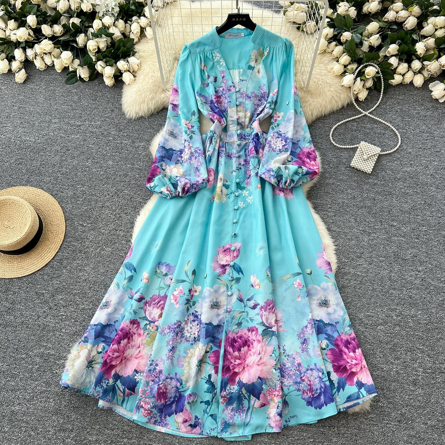 

Весна Лето Женские Дизайнерские Принты Подиум Халат V-образный вырез Длинные Макси Платья Для Отдыха Пляж S синий