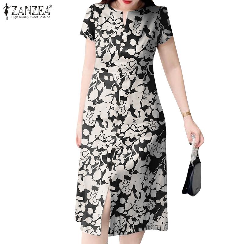 

ZANZEA Женское повседневное платье с короткими рукавами и круглым вырезом с принтом