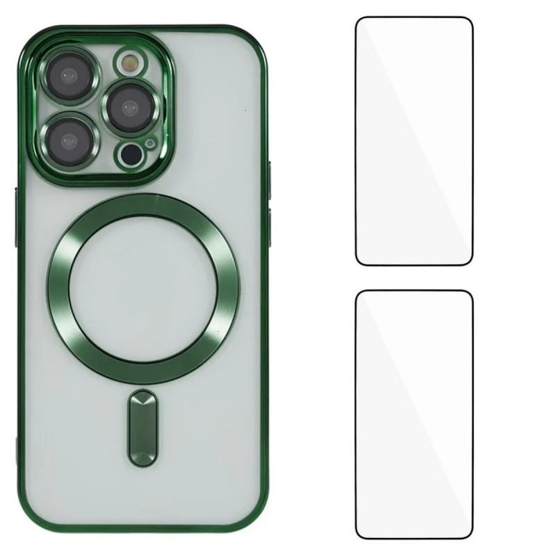 For iPhone 15 Pro Max Magnetic Case WANLONFENG Electroplated TPU Cover with Lens Film+2Pcs Tempered Glass