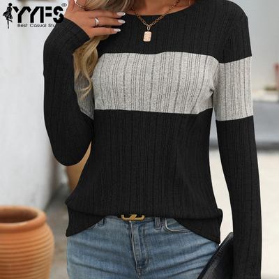 Women's Fashion Casual Spring Fall Colour Block Print Long Sleeve O-Neck Blouses & Shirts