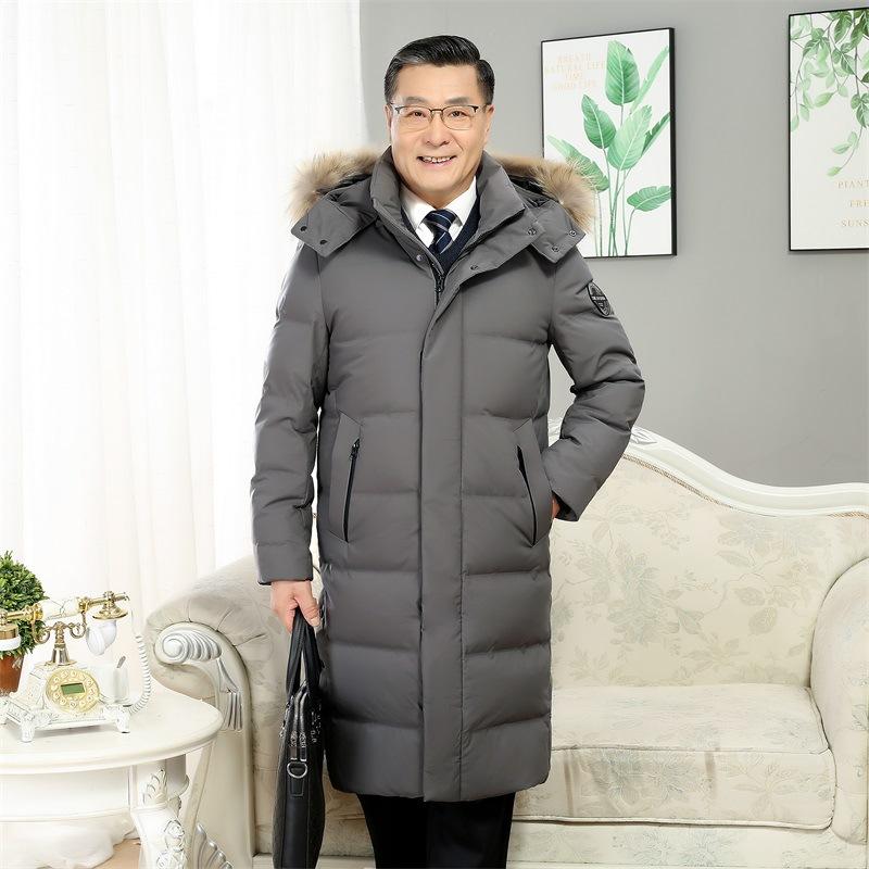 Dad winter clothing middle-aged and elderly down jackets men's fashion long thickened cold-proof big fur collar pie to overcome white duck down jacket