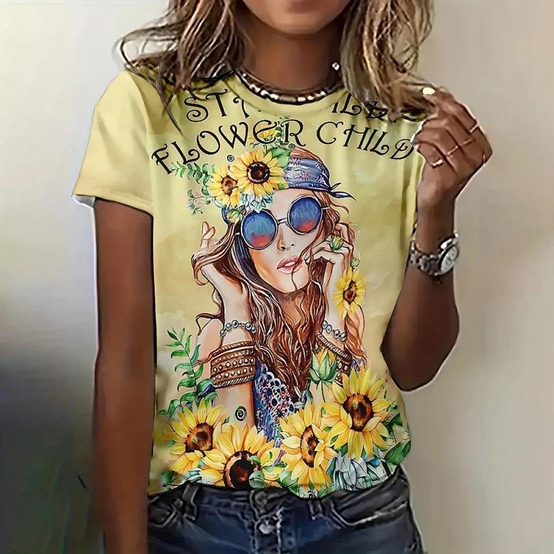 Girl Flower Pattern for Women Exquisite Ethnic 3D Printed Short Sleeves  Summer Casual Loose O-Neck Tops