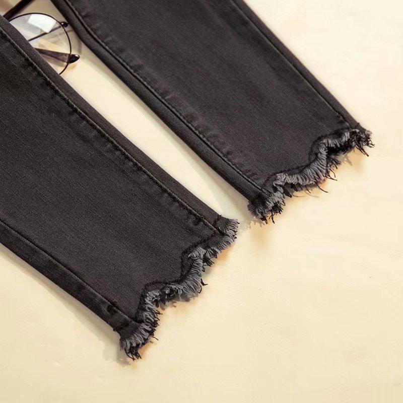 Women's Black High-Waist Skinny Cropped Jeans - Korean Style, Slimming, Versatile, Elastic, Summer 2022
