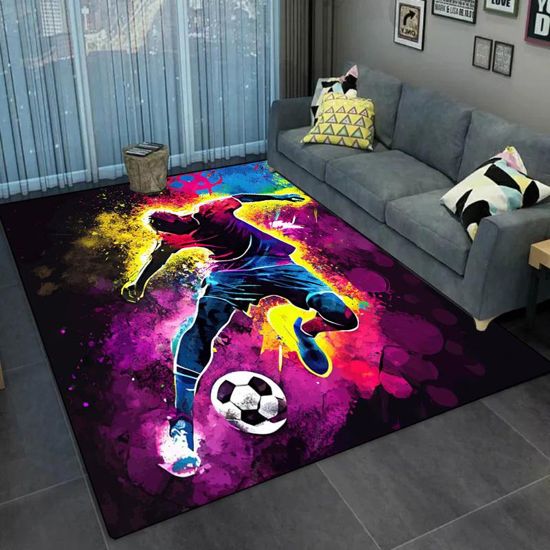 Colorful Football Player Action Print Flannel Rug Durable Soft Carpet For Living Room Bedroom Kids Room Sport Decor Artistic
