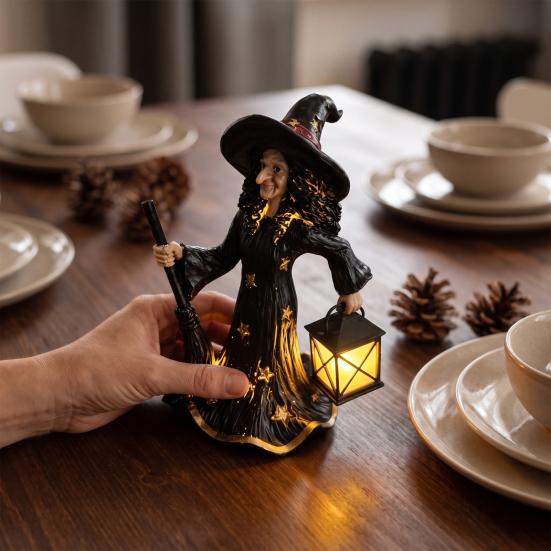 Halloween Home Decor 2Pcs Witch Night Lamp, Holding Lantern Figurine with Gothic Sculpture LED, Glowing Resin Statue for Tabletop Led Lighted