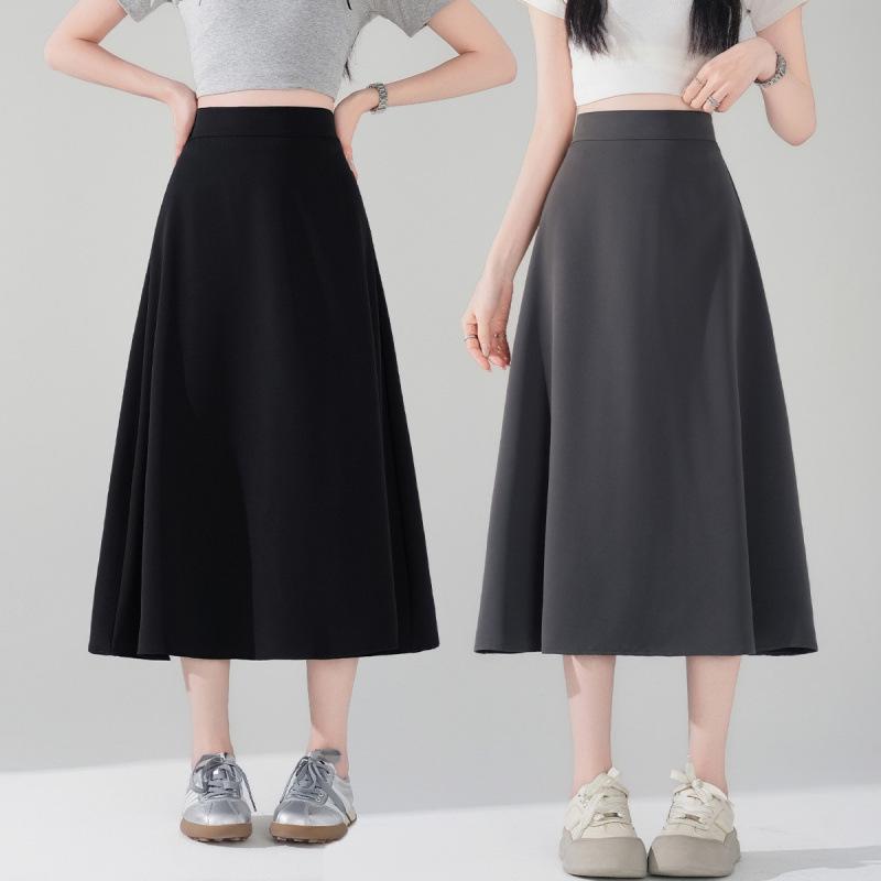 Plus Size Korean Style Slimming Black Skirt - Thin Material, Versatile, Solid Color, Spring/Summer
