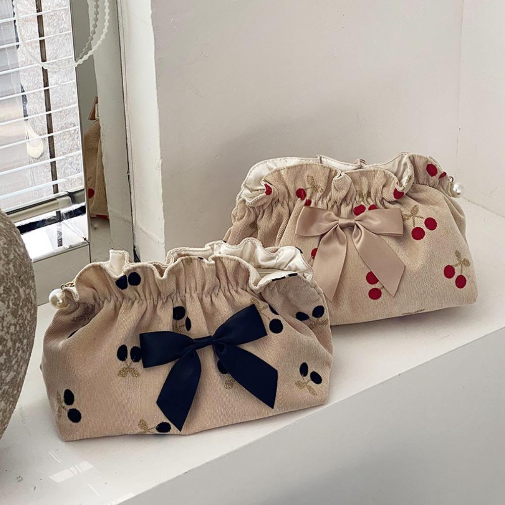

Bowknot Cherry Makeup Bag Corduroy Cosmetic Bag Portable Evening Cluth Purse Ladies чёрный