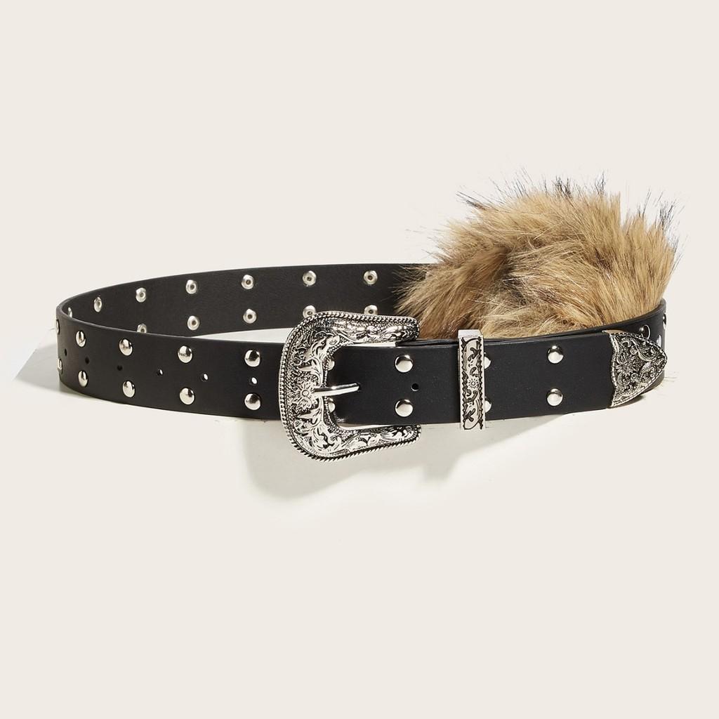 Pu Leather Wide Belt Artificial Fur Design And Carved Needle Buckle For Fashion Lovers