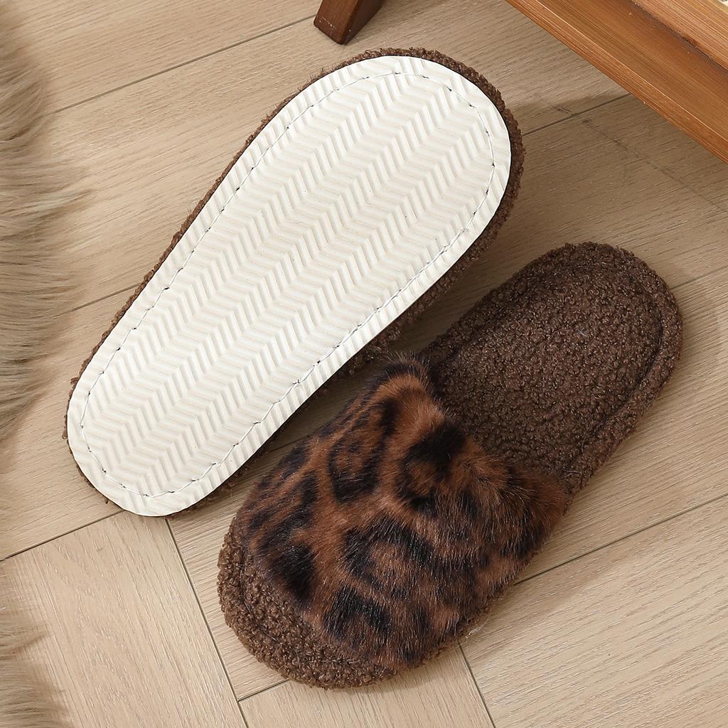 New season leopard print fluffy cotton slippers flat bottom women's fashion home fluffy slippers