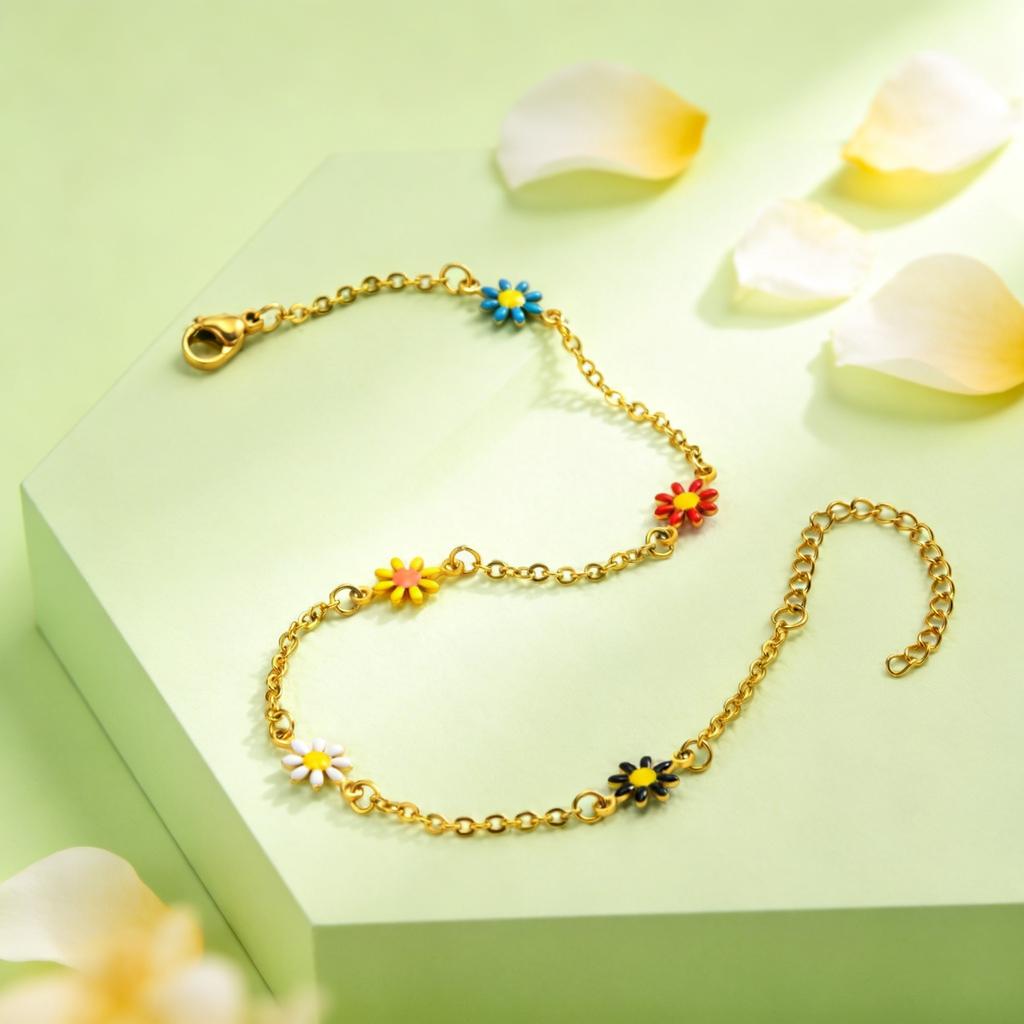 Sommer Böhmisches Gänseblümchen-Ketten-Fußkettchen für Damen Mädchen Blumen-Knöchelarmband Bein-Kette Strandparty Urlaub Fußschmuck Geschenk
