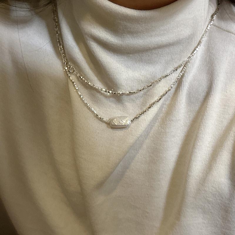 Korean Geometric S925 Sterling Silver Pearl Necklace - Irregular Layered Clavicle Chain