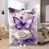 Purple Butterfly Rose Floral Throw Blanket, Soft Cozy Flannel Blanket, Romantic Home Decor Gift for Couch Bed