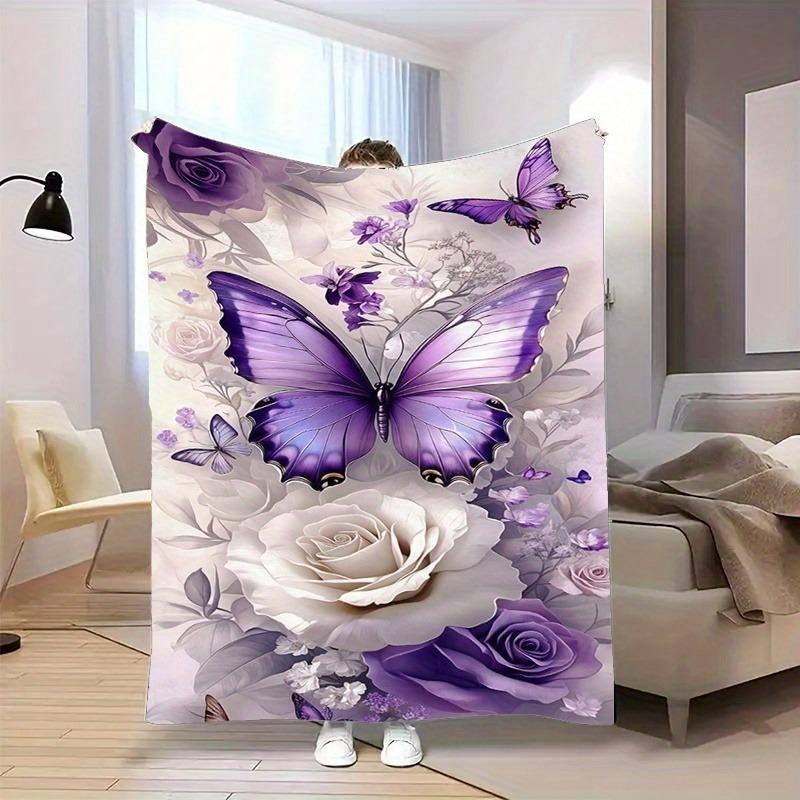 Purple Butterfly Rose Floral Throw Blanket, Soft Cozy Flannel Blanket, Romantic Home Decor Gift for Couch Bed