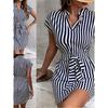 European and American Women clothes Sleeve Stripe Lace-up Dress Summer Casual Short dress Striped Lace up Dress