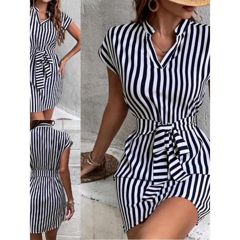 European and American Women clothes Sleeve Stripe Lace-up Dress Summer Casual Short dress Striped Lace up Dress