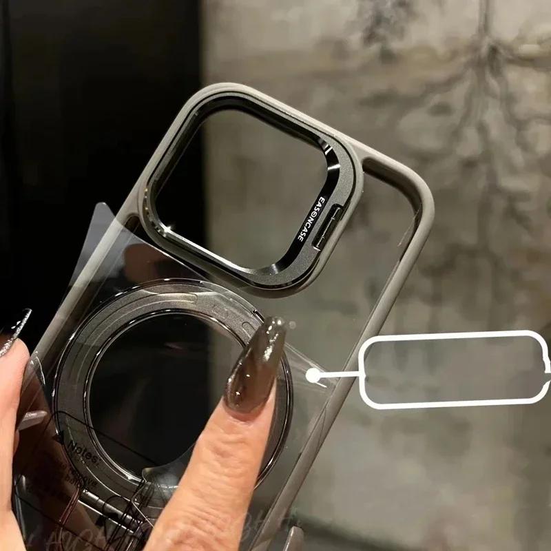 Luxury Ring Magnetic Glass Lens Stand Phone Case for iPhone 17 16 11 13 14 12 15 Pro Max Funda Magsafe Clear Protect Cover