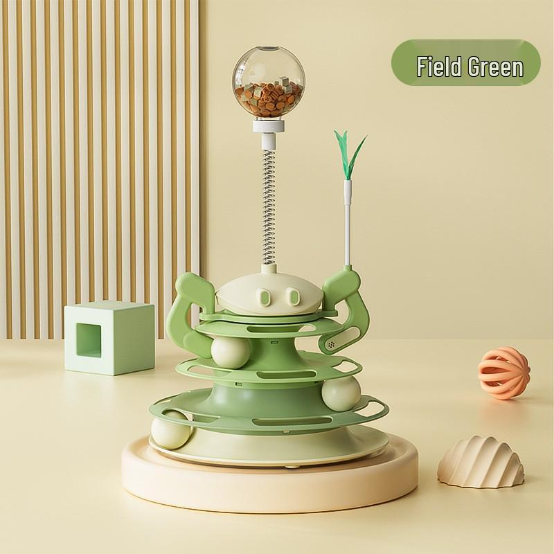 Four-Layer Cat Turntable Toy with Feather Teaser - Interactive Pet Entertainment.