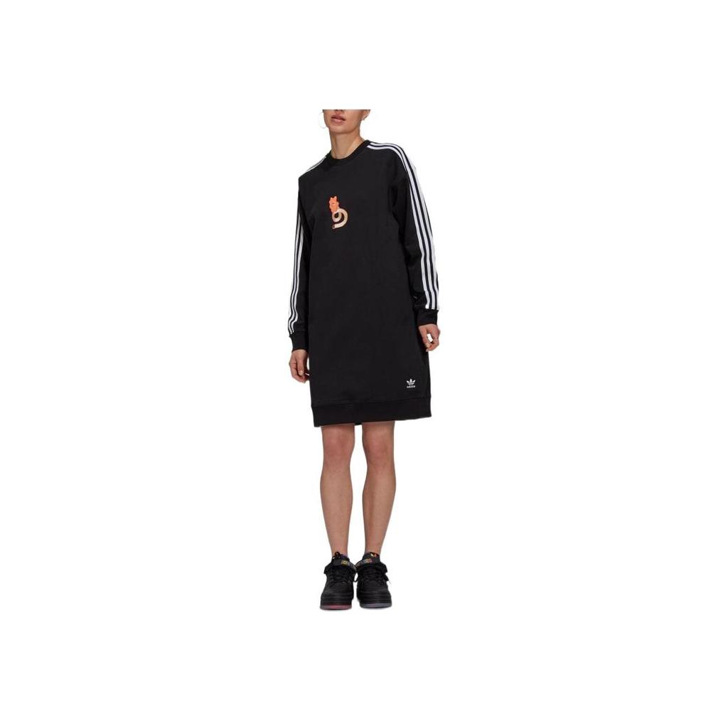 Adidas Originals Trefoil Logo Striped Print Straight-Leg Sports Long Sleeve Dress Women dresses Black HT3773