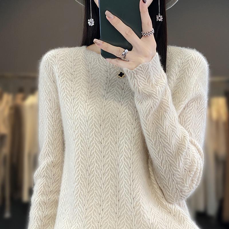 Women's 100% Pure Wool Loose Knit Hollow-Out Pullover Sweater