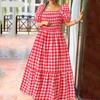 Talla Grande Verano Vestido Largo Estampado a Cuadros con Manga Abullonada para Mujer con Hombros Descubiertos Vestido de Verano Plisado