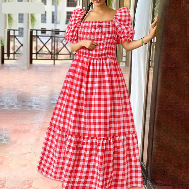 Talla Grande Verano Vestido Largo Estampado a Cuadros con Manga Abullonada para Mujer con Hombros Descubiertos Vestido de Verano Plisado