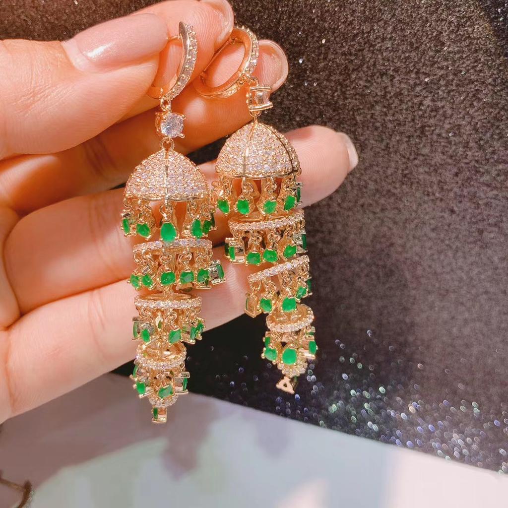 Exaggerated Luxury Full ZIRCON Long Waterdrop Chain Tassel Lantern Earrings 925 Silver Needle Wind Bohemia Ethnic Jewelry