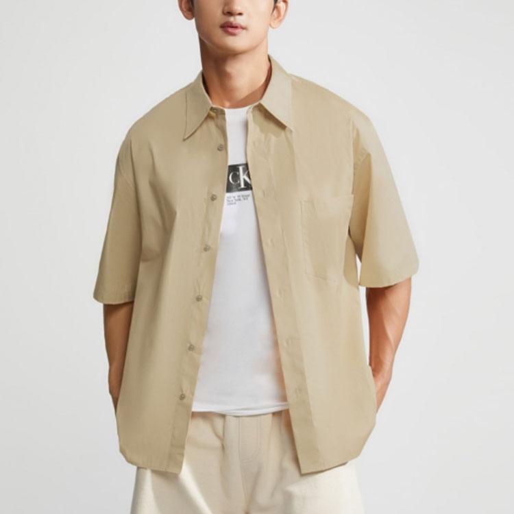 Calvin Klein Solid Color Single-Breasted Cotton Loose Short Sleeve Shirt Men Tops Khaki 40LM114-CF1