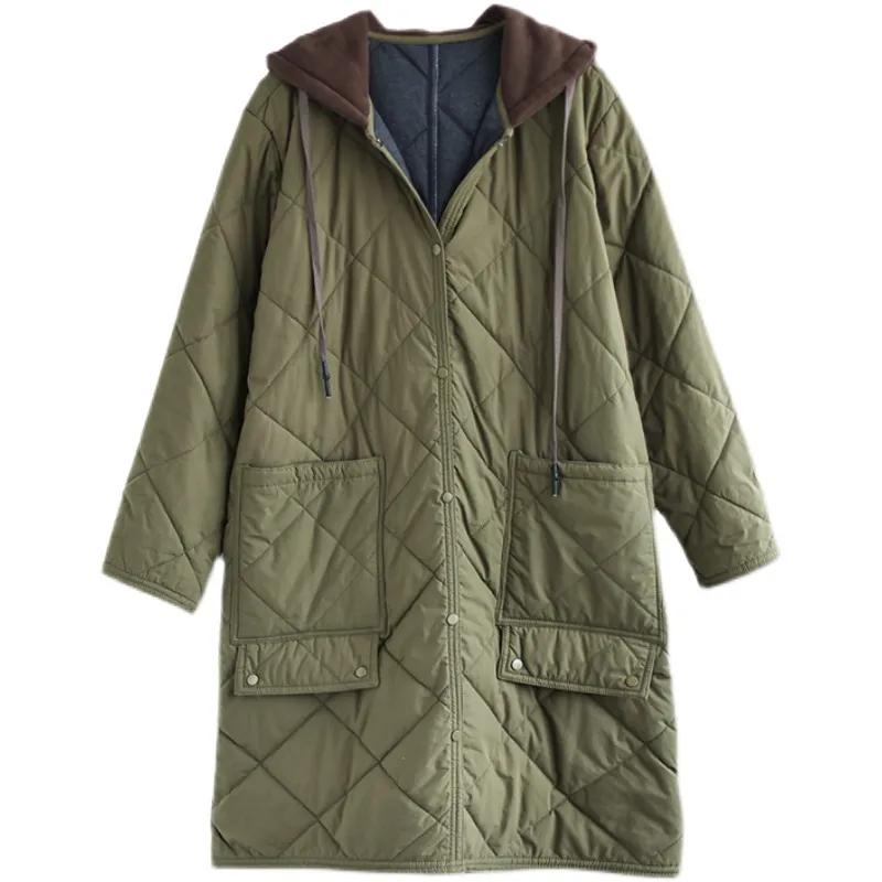 Diamond-shaped Plaid Cotton Hooded Coat Loose Casual Mid-length Cotton Jacket Warm and Windproof All-match Women's Cotton Jacket