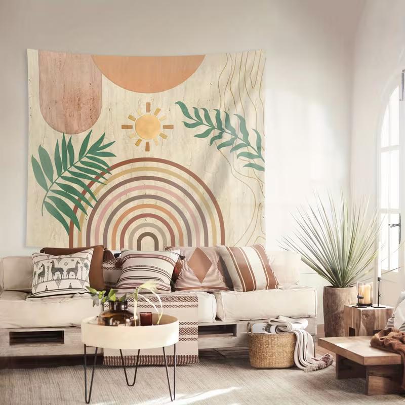 2D Modern Boho Sun Tapestry Rainbow Palm Leaf Home Background Decor