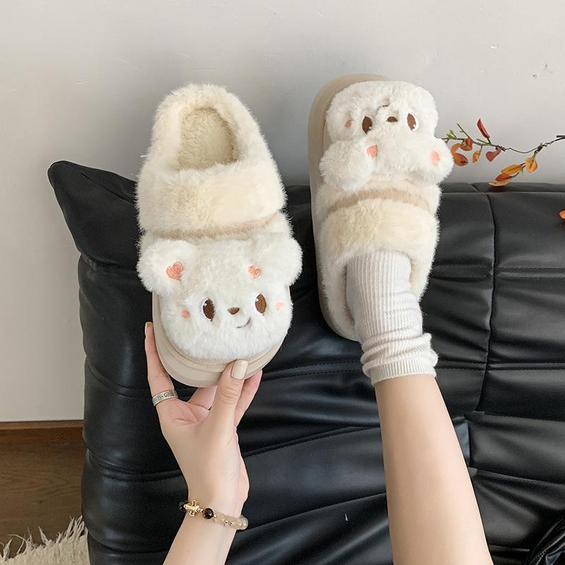 Cute Plush Bear Winter 2025 New Warm Indoor and Outdoor Wear Winter Thick Bottom Home Wear Cotton Slippers Women