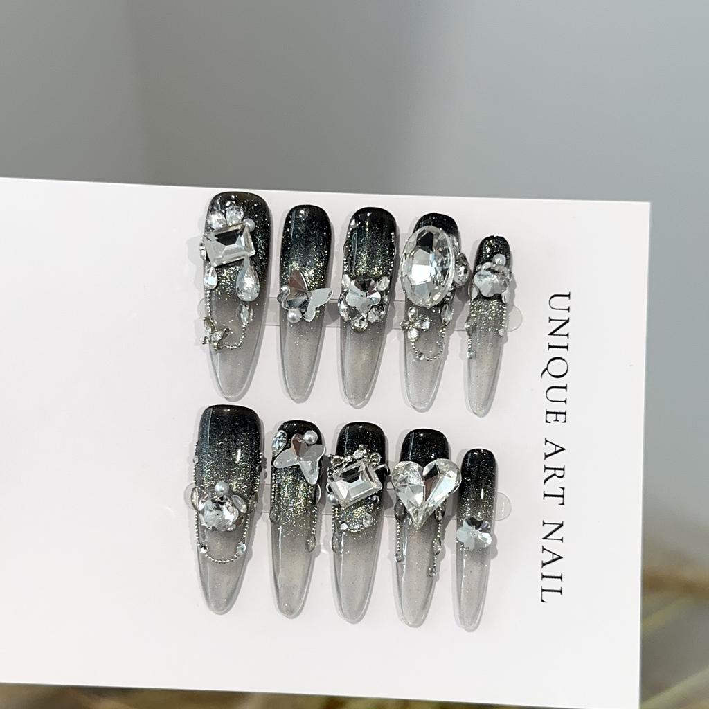 Women Press‑On Nails Pure‑Handmade Black Silver Cat Eye Heavy Craft Brilliant Rhinestone European‑American False Nail Patches