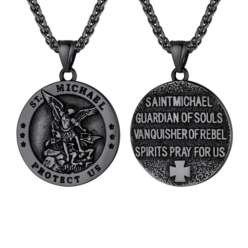 U7 Round Medal St Michael Necklaces for Men Stainless Steel Catholic Protection Amulet Archangel Pendant 22" Chain Jewelry Gift