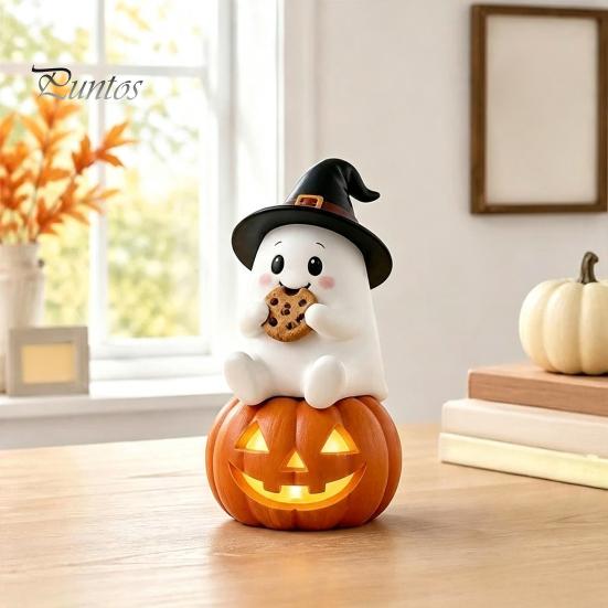 Resin Lighted Ghost Statue Halloween Figurine, Spooky Witch on Pumpkin/Holding Lantern Home Office Table Ornament with LED Light for Desktop Bookshelf