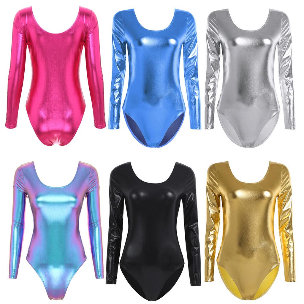 Women One-piece Patent Leather Long Sleeves Leotard Gymnastics Ballet Dance Leotard