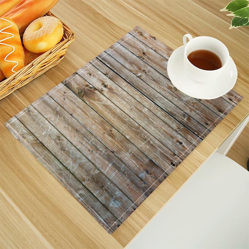 Wood Print Linen Dining Table Mats Alphabet Kitchen Placemat 30X40cm Coasters Pads Bowl Cup Mat