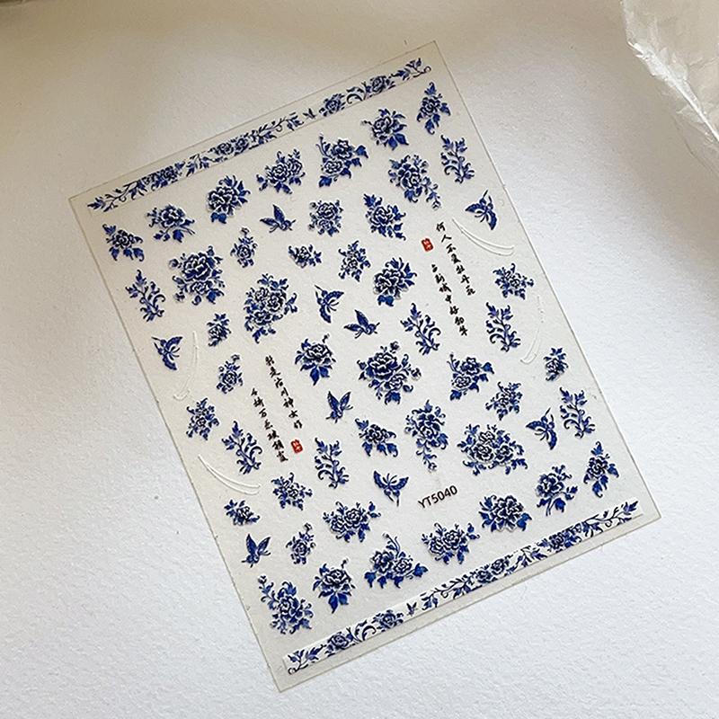 Blue White Porcelain Chinese Style Sticker 3D Self Adhesive Nail Art Sticker Flower Silverback Adhesive Manicure Decal Salon Diy