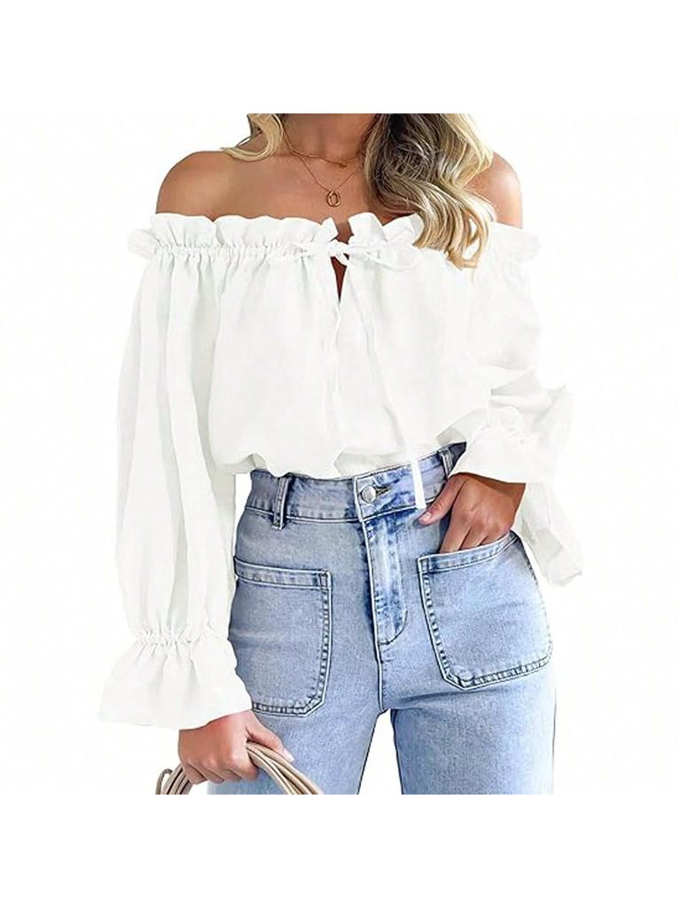 Damen Schulterfrei Bluse Langarm Rüschen Tunika Top Elegant Lässig
